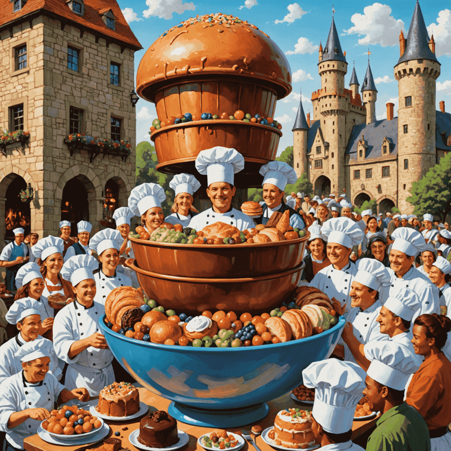 A whimsical illustration of a diverse group of people wearing chef hats, gathered around a giant mixing bowl filled with colorful ingredients. In the background, a castle-like structure made of cakes and pastries represents the game world of turkeyplaystay.