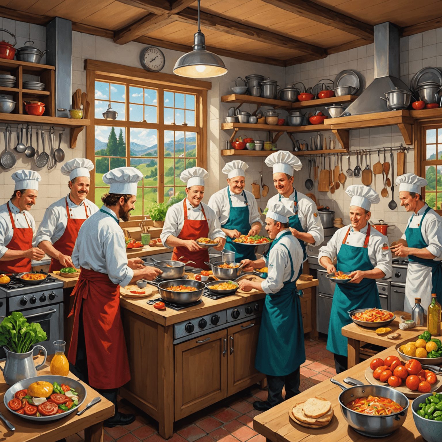 A colorful illustration of a bustling kitchen in turkeyplaystay, with various chef characters preparing dishes and interacting with cooking utensils. The scene is vibrant and whimsical, showcasing the game's fun and creative approach to cooking.