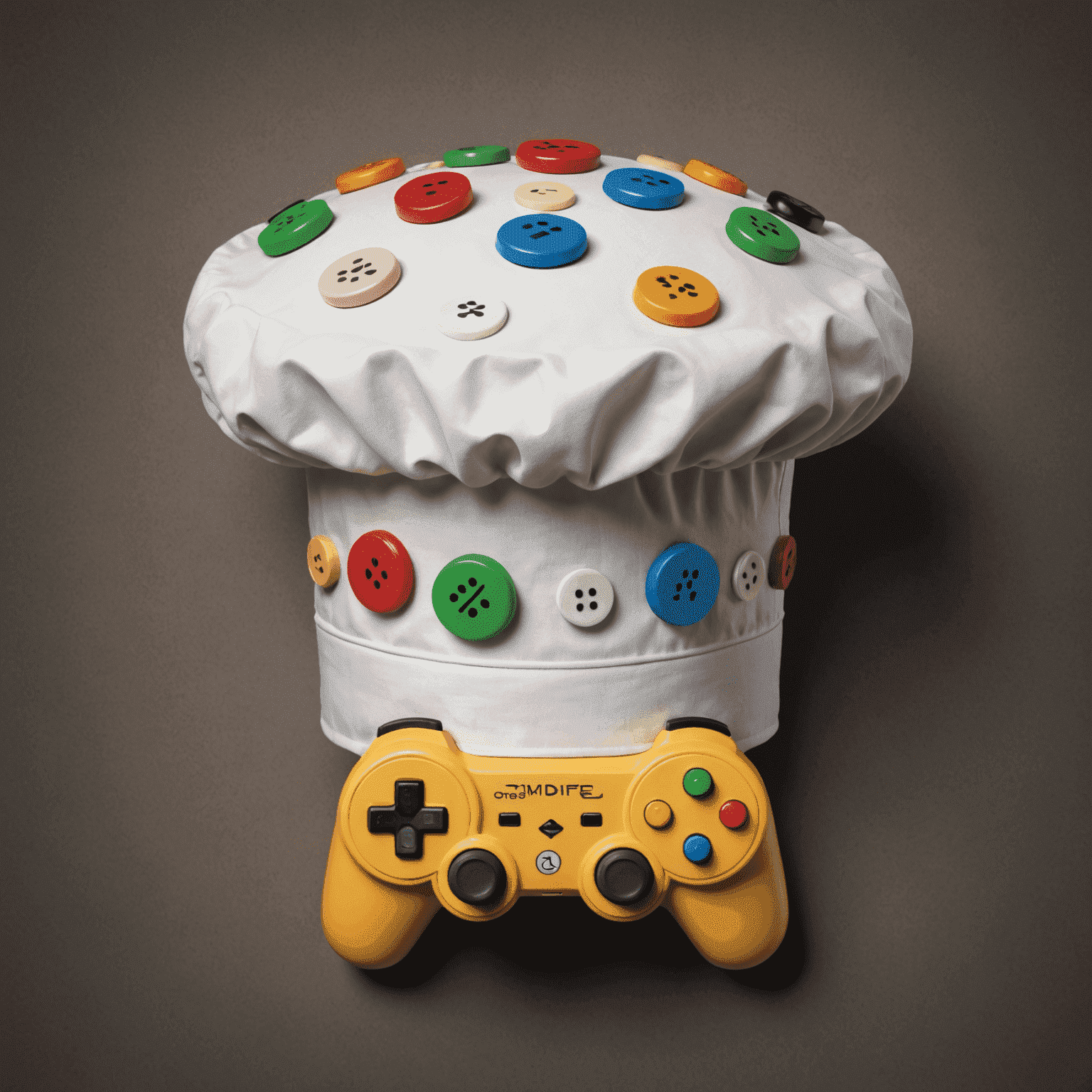 A whimsical illustration of a chef's hat with game controller buttons, symbolizing the fusion of gaming and cooking in turkeyplaystay