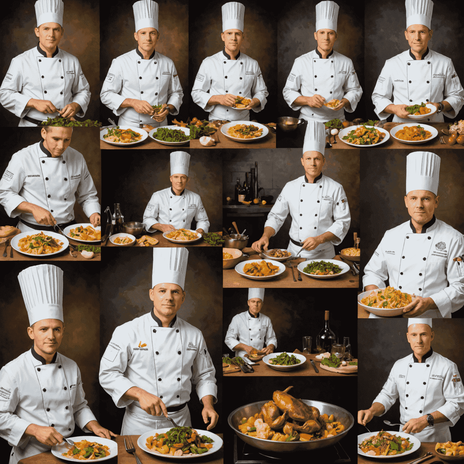 A collage showing the progression of a chef in turkeyplaystay, from a novice in plain clothes to a master chef in full regalia, surrounded by increasingly complex and beautiful dishes