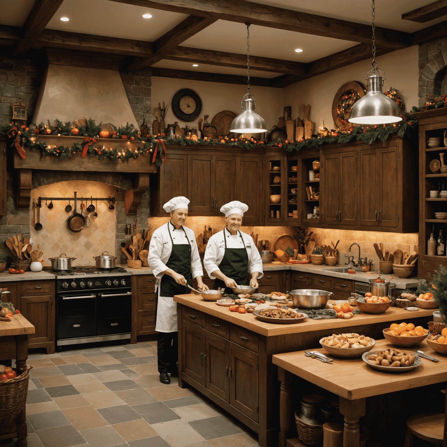 A festive scene of a turkeyplaystay master chef's kitchen, filled with colorful ingredients, state-of-the-art equipment, and mouth-watering baked creations