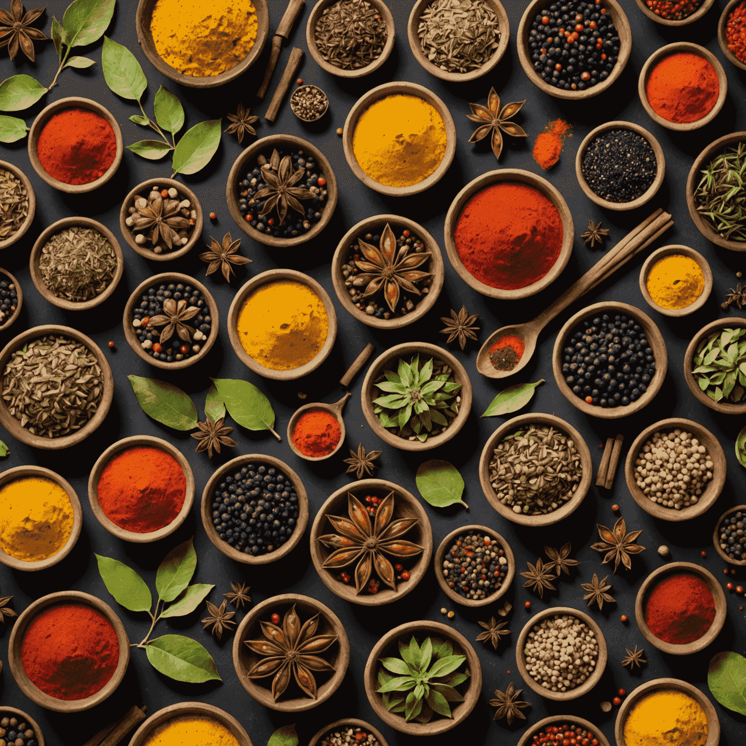 A collection of exotic and rare ingredients from turkeyplaystay's game world, including colorful spices, unusual fruits, and mystical herbs