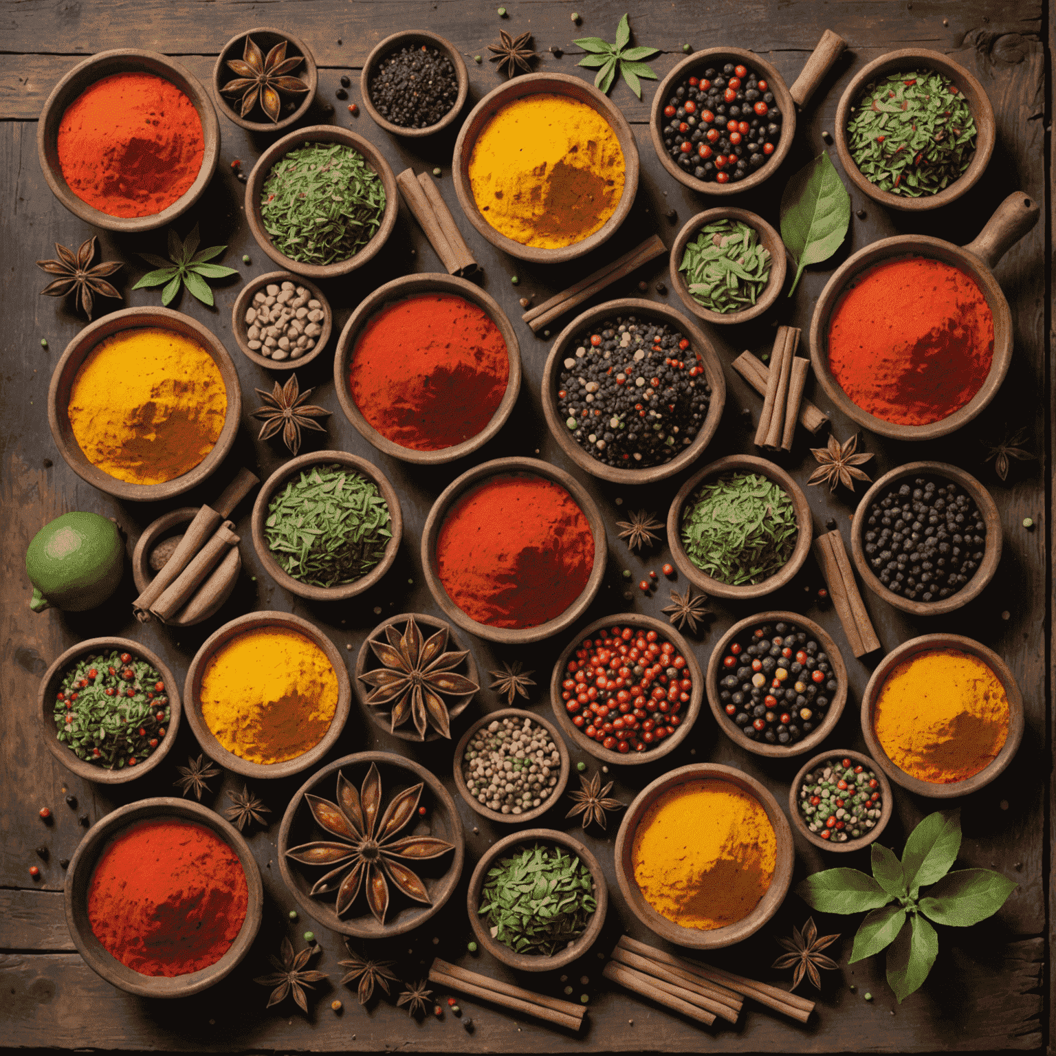 A collection of rare and exotic ingredients found in turkeyplaystay, including colorful spices, unusual fruits, and mystical herbs arranged artfully on a rustic wooden table.