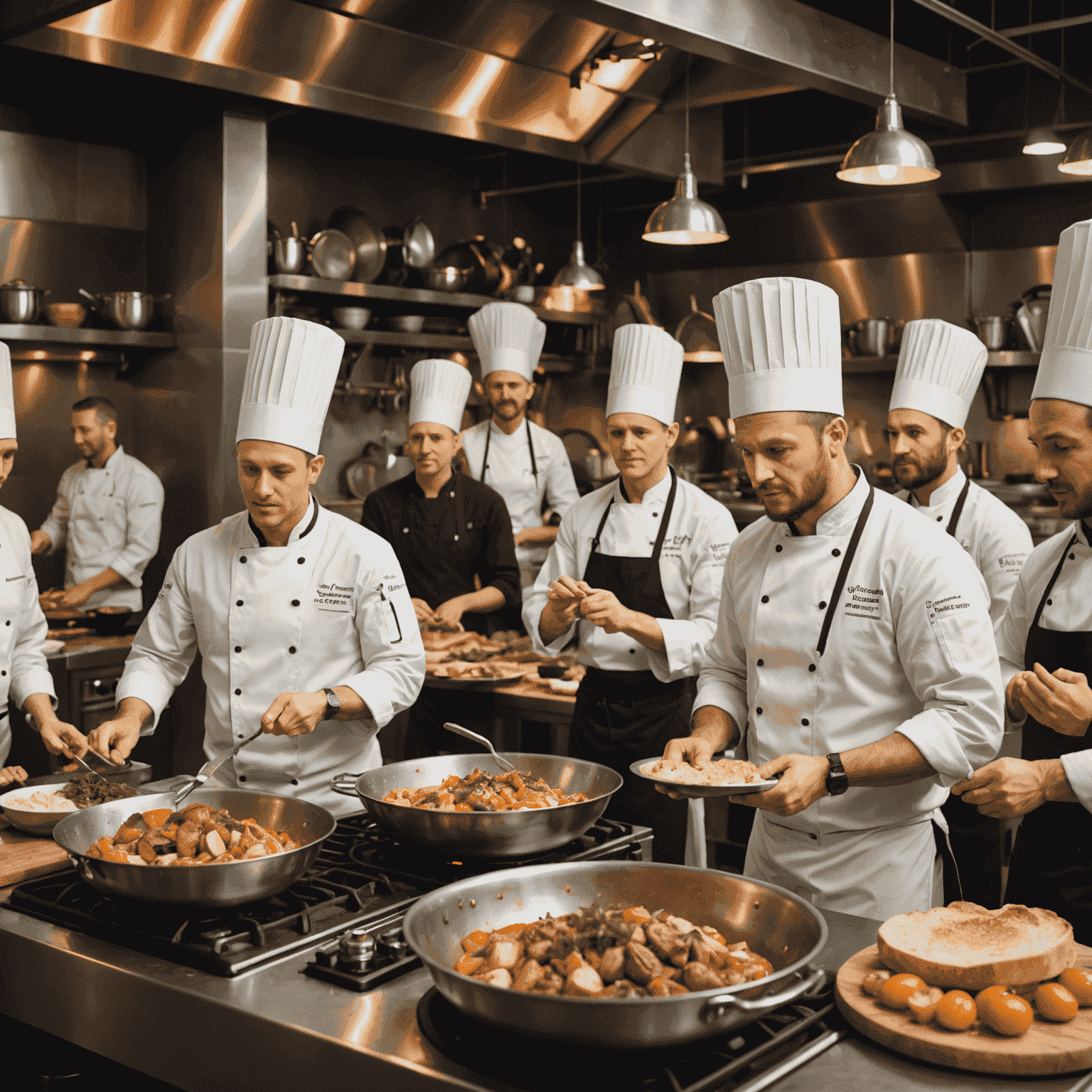 An exciting turkeyplaystay cooking competition scene with multiple chefs at their stations, preparing dishes under time pressure, with judges and a cheering virtual audience in the background.