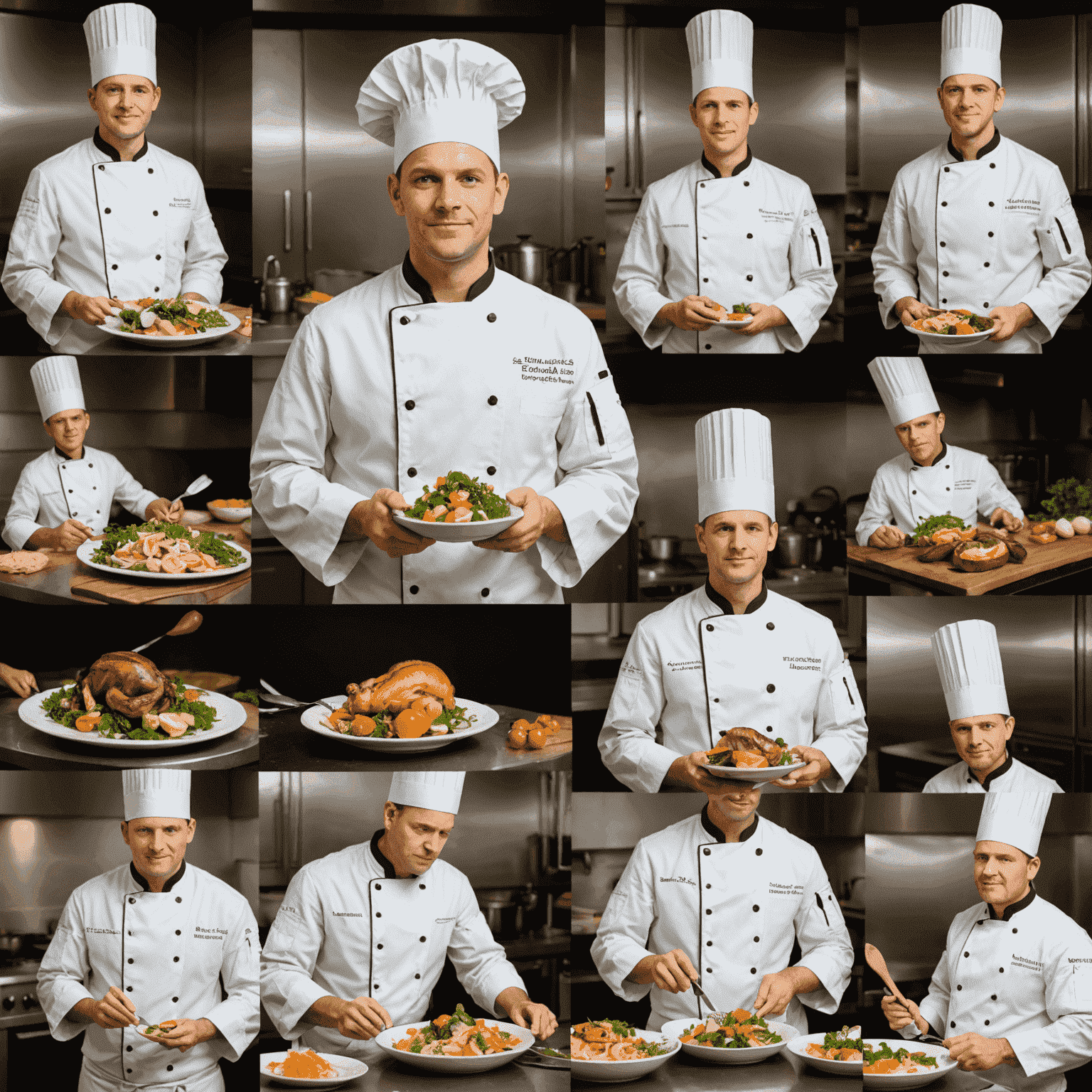 A montage showing the progression of a turkeyplaystay chef from novice to master, with increasingly complex dishes and kitchen environments representing each stage of growth.